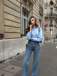 Calvaya Blauwe lange mouw losse overshirt zonnebrand jas gelaagde top