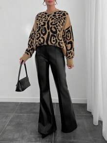 EURMUSE Women Round Neck Leopard Animal Print Drop Shoulder Loose Fit Sweater Pullover - Multicolor - View 4