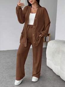 SHEIN Maternity Solid Drop Shoulder Coat & Drawstring Waist Pants Two Pieces Sets, Autumn/Winter - Coffee Brown - View 6