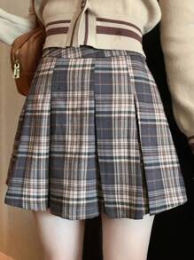 DAZY Falda plisada de línea A de moda casual y sencilla para mujer, a cuadros para uso diario