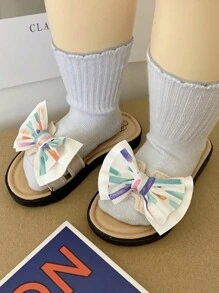 女童蝴蝶结拖鞋沙滩凉鞋，夏季百搭拖鞋，女童公主休闲拖鞋 - 白色 - 查看 2