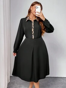INAWLY Women Plus Size Elegant Leopard Patchwork Long Sleeve Shirt With Skirt 2 Pieces Set