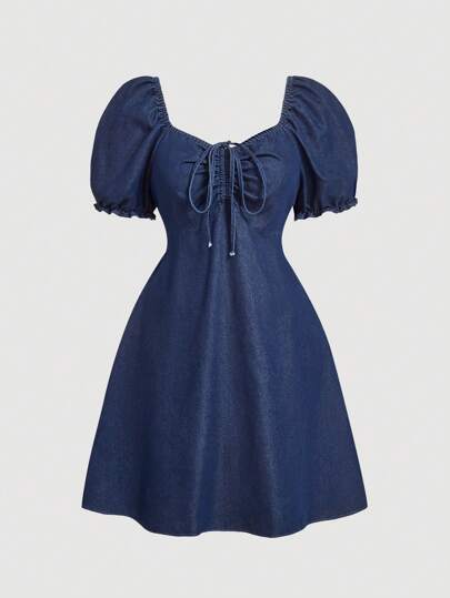 SHEIN MOD Plus Size Denim Dress Sweet Bubble Sleeve Loose Fit Blue Dress,Bow Dress,Fall Women Dresses,Cruise Women Outfits,Homecoming Dress,Fall Wedding Guest Dress,Christmas Dress,Renaissance Dress