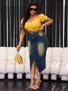 Slaydiva Plus Size Denim Elastic Vintage Retro Maxi Skirt - Medium Wash - View 5