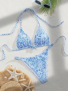 Women's Casual Vacation Spaghetti Strap Halter Diamond Patterned Random Print Triangle Cup Backless Bikini Swimwear Summer