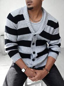 Manfinity Homme Men's Stripe Pattern Simple Fashion Casual Rib Cardigan, Suitable For Daily Wear - Multicolor - View 3