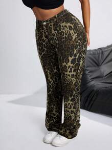 Slaydiva Plus Size Denim Leopard Print Stretch Leggings - Multicolor - View 4