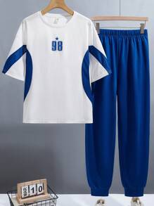 SHEIN 2 件套青少年男孩休闲短袖 T 恤和长裤套装，运动街头服饰朋克摇滚学院风服装，适合春夏季、派对、音乐节