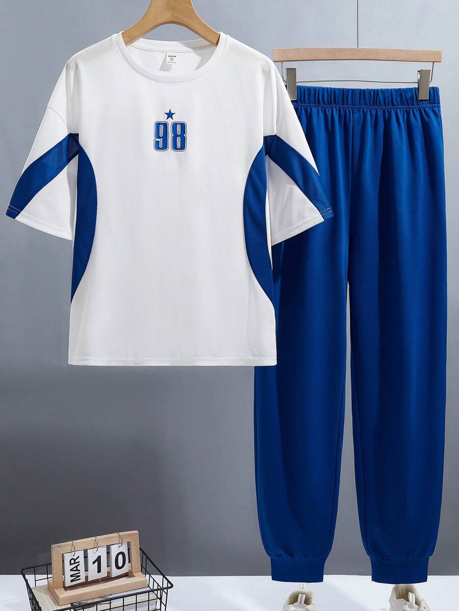 SHEIN 2 件套青少年男孩休闲短袖 T 恤和长裤套装，运动街头服饰朋克摇滚学院风服装，适合春夏季、派对、音乐节