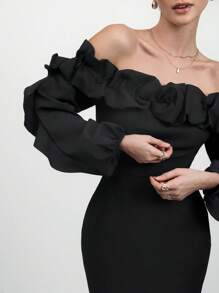 CLARA VERO Women Mid-Length Ruched Ruffle Romantic Elegant Ruffle Trim Waist Dress - Black - View 3