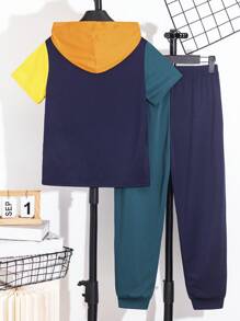 2pcs/Set Tween Boy Casual Loose Letter Print Colorblock Round Neck Short Sleeve T-Shirt And Sweatpants Outfit, Suitable For Commuting, School, Everyday Casual Wear, Sport, Spring & Summer