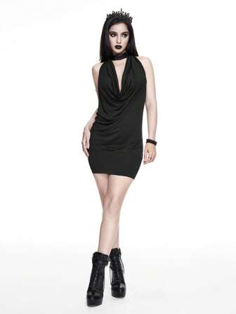 Goth Vestito midi con scollo a V profondo, stile vintage oversize, con incrocio sulla schiena, in stile Y2K