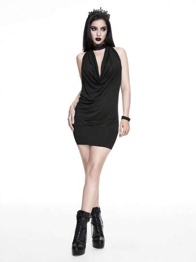 Goth Vestido midi con escote en pico, cuello halter y espalda cruzada, con estilo vintage oversized de la década Y2K