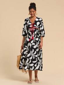 Travachic 2-Tone Printed Lace-Up Casual Daily Dress, Simple & Stylish