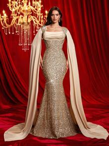 Glamrae Elegant & Luxury Champagne Sequin Patchwork Satin Wrap Collar Pleated Draped Batwing Mermaid Hem Floor-Length Formal Gown, Suitable For Various Occasions, Wedding Guest Dress