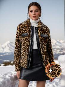 Firerie Women Leopard Print Fluffy PU Splice Long Sleeve Jacket - Brown - View 1