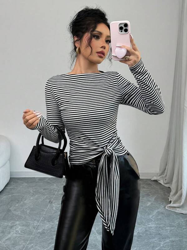 Elenzga Striped Casual T-Shirt, Simple & Fashionable For Everyday Wear Graphic Tees Women Tops