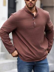Manfinity Homme Plus Size Men's Solid Color Long Sleeve Button-Up Casual Shirt, Autumn - Brown - View 5