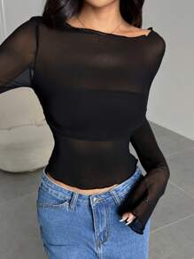 SHEIN EZwear Damesmode Sexy Sheer Mesh Getailleerde Top met Lange Mouwen