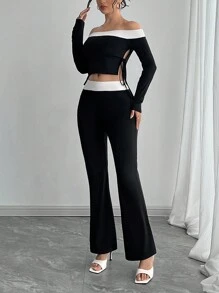 INAWLY 2pcs Women's Color Block Off Shoulder Top And Flare Leg Pants Elegant Casual Suit