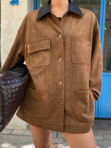 DAZY Color Block Loose Long Sleeve Collar Pocket Faux Suede Women's Regular Jacket