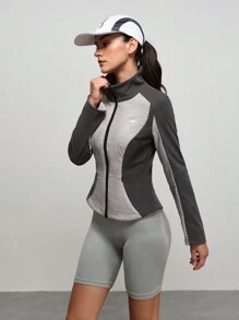 Exploreva Damen Kontrast-Farben Langarm Reißverschluss Stehkragen Sportsweatshirt Jacke