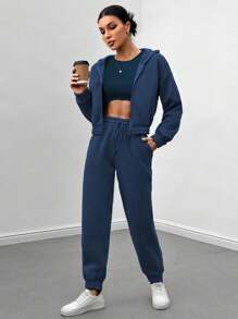 Chiquease 2pcs Women Casual Solid Color Hoodie & Sweatpants Set, Autumn/Winter - Royal Blue - View 3