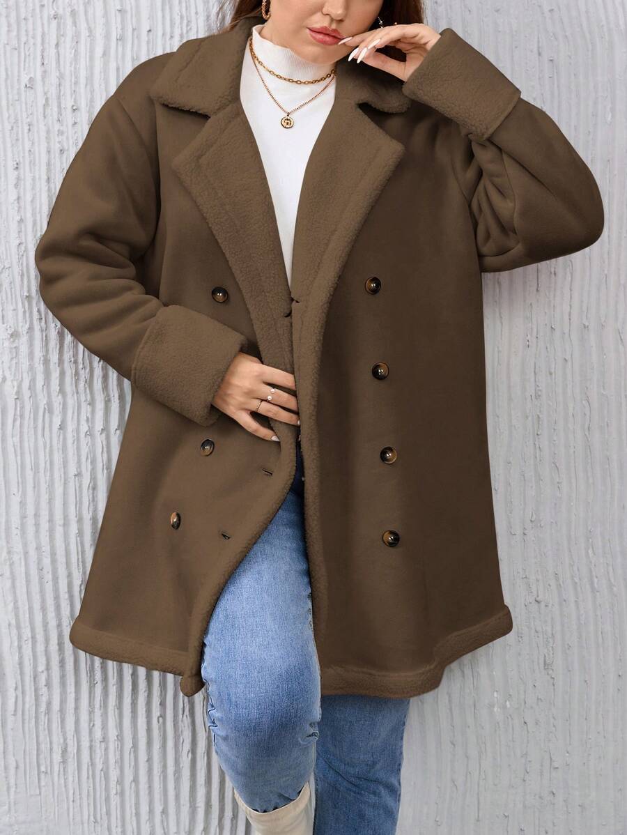 SHEIN Essnce Plus Size Women Solid Color Notch Collar Double-Breasted Casual Jacket, Winter