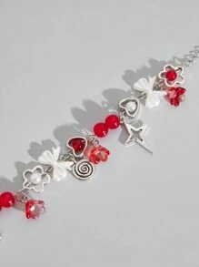 ROMWE Kawaii 1 件可爱简约星形、几何、螺旋、花朵、心形、蝴蝶结水晶吊饰手链，送给朋友和节日的绝妙礼物，红色，适合新年情人节、妈妈、母亲、母亲节、礼物