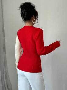 Selianne Women's Valentine's Day Colorblock Heart Pattern Sweater Knit Pullover Fall Winter - Red - View 2