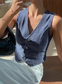 DAZY Distressed Washed Sleeveless V-Neck Fitted Women Denim Jacket,Fall Clothes - Blue - View 5
