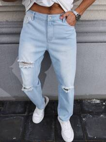 Manfinity LEGND Plus Size Men's Casual Washed Distressed Tapered Jeans - Light Wash - View 4