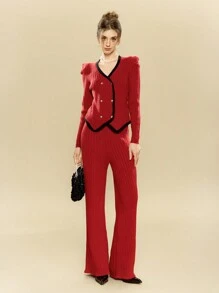 SHEIN Unity Vintage Women Winter Outfit 2pcs Set: Red Knitted Sweater & Pants For New Year Clothes - Red - View 6