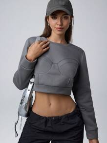 Hanevo Women Casual Cropped Sweatshirt With Seam Design Sportwear For Daily Wear Pullover Fall - Grey - View 4