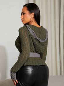 SHEIN SXY Sheer Lace-Up Colorblock Knit Jacquard Hooded Cardigan Fall Clothes Women - Army Green - View 2