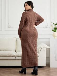 Mulvari Plus Size Solid Color Turtleneck Fitted Maxi Sweater Dress, Casual For Autumn & Winter - Brown - View 2