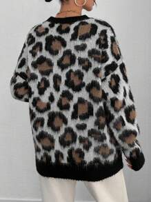 EURMUSE Women Round Neck Leopard Print Soft Touchdrop Shoulder Loose Sweater Pullover