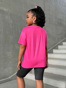 SHEIN 2pcs/Set Toddler Girls Bear Print T-Shirt And Leggings, Street Fashion Loose Top And Skinny Bottom - Hot Pink - View 2