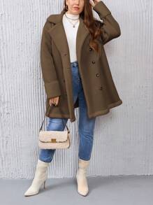 SHEIN Essnce Plus Size Women Solid Color Notch Collar Double-Breasted Casual Jacket, Winter