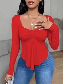 VaVaBold 纯色INS新品方领长袖荷叶边下摆不对称下摆女休闲T恤秋季女装新年衣服