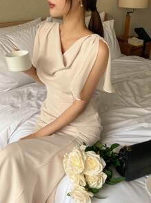 DAZY Vestido elegante de manga corta con cuello de volantes y cola de pez para mujeres