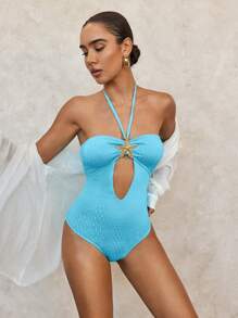 Swim Chiccia Basics Women's Elaborate Starfish Metal Decor Buckle Special Textured Halter Wrap One-Piece Swimsuit Summer