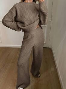 DAZY 2pcs Women Solid Color Loose Long Sleeve Sweater And Wide Leg Pants Suit,Fall Women Clothes - Khaki - View 3