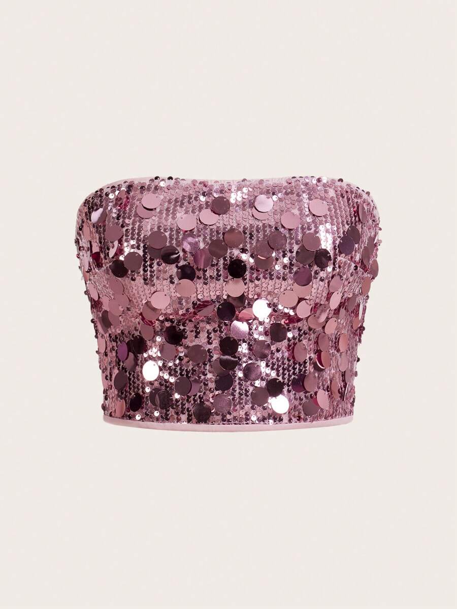 SHEIN ICON Y2K Style Glitter Tube Top, Sexy Party Clubwear - Baby Pink - View 1