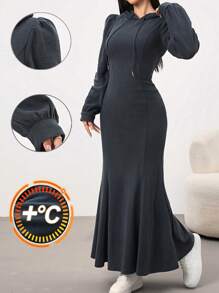 Mulvari 女士纯色长袖休闲连帽长连衣裙 - 深灰色 - 查看 1