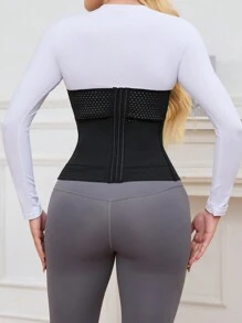 Solid Color Perforated Breathable Double Buckle Waist Cincher - Black - View 2