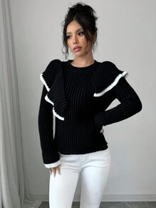 Chiquease Suéter de mujer de manga larga ajustado con volantes en el bajo, jersey de punto de otoño/invierno - Blanco y Negro - Ver 6