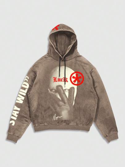 Street Life Men's Washed Letter & Character Print Pullover Sweatshirt Hoodie, Suitable For Spring And Autumn