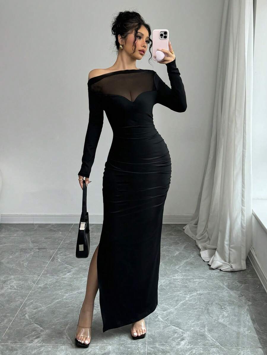 INAWLY Black Pleated Contrast Mesh Side Split Dress For Women Fall Cloth For Women - Black - View 1