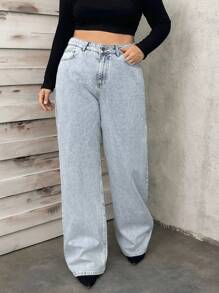 RueChic Snow Wash Straight Leg Jeans High Rise For Plus - Light Wash - View 4